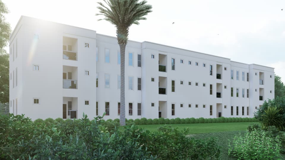 A twelve-unit three-bedroom apartment complex — white facade — view 6